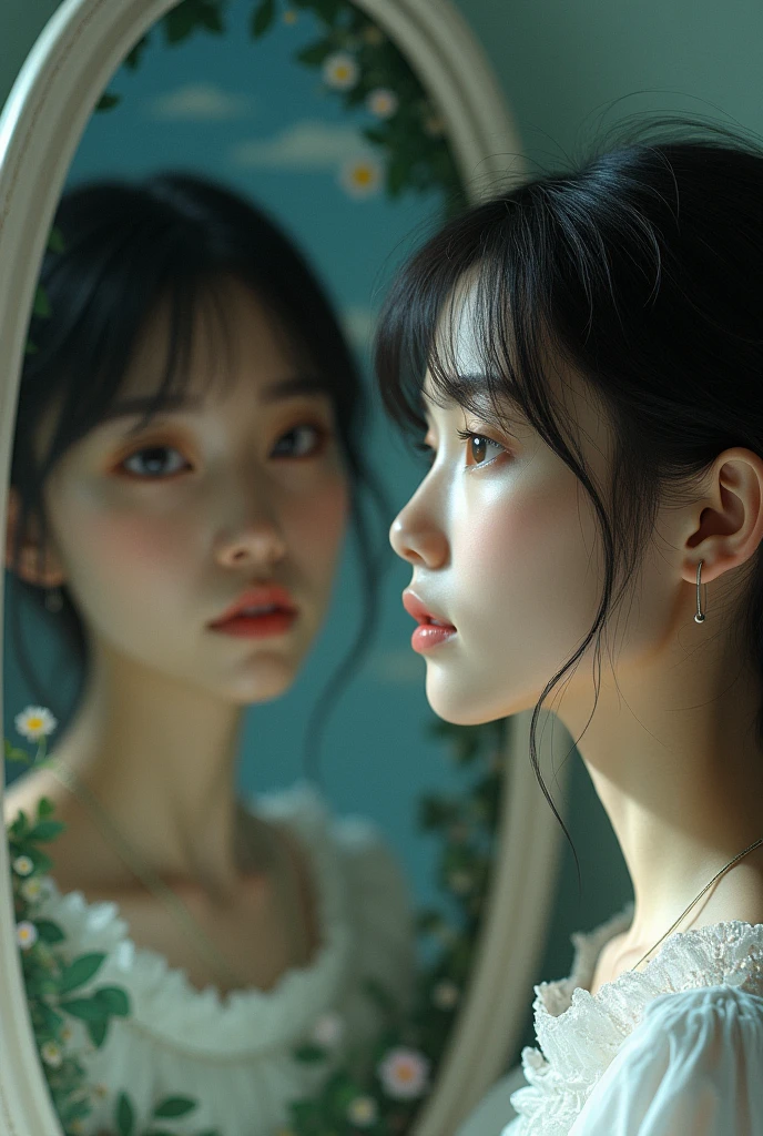 I want a metaphor A mirror A girl looking at her reflection in the mirror Where she sees her face as a world (only in the reflection and only in his head)