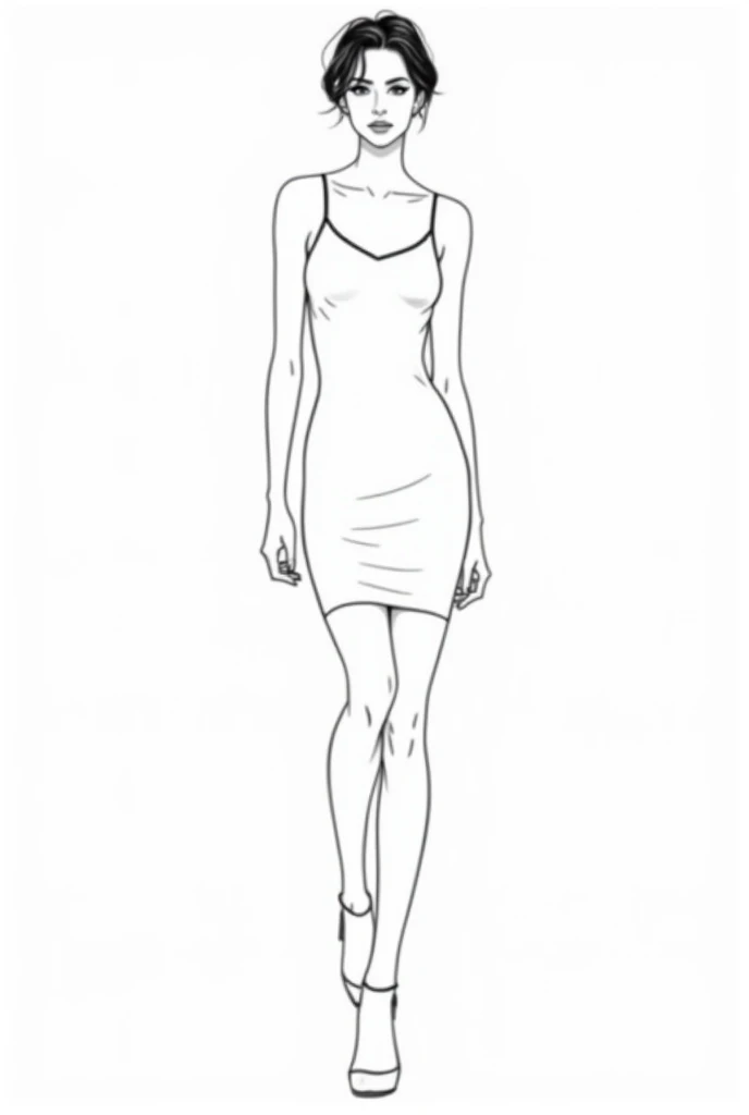Front view、
Stylish design、
Short Hair、
Minimalist Vector Style、Coloring page style white background、Line Draft Black and White、
Bold lines、
High resolution、
8k、
whole body、
Tight slip dress three-quarters down