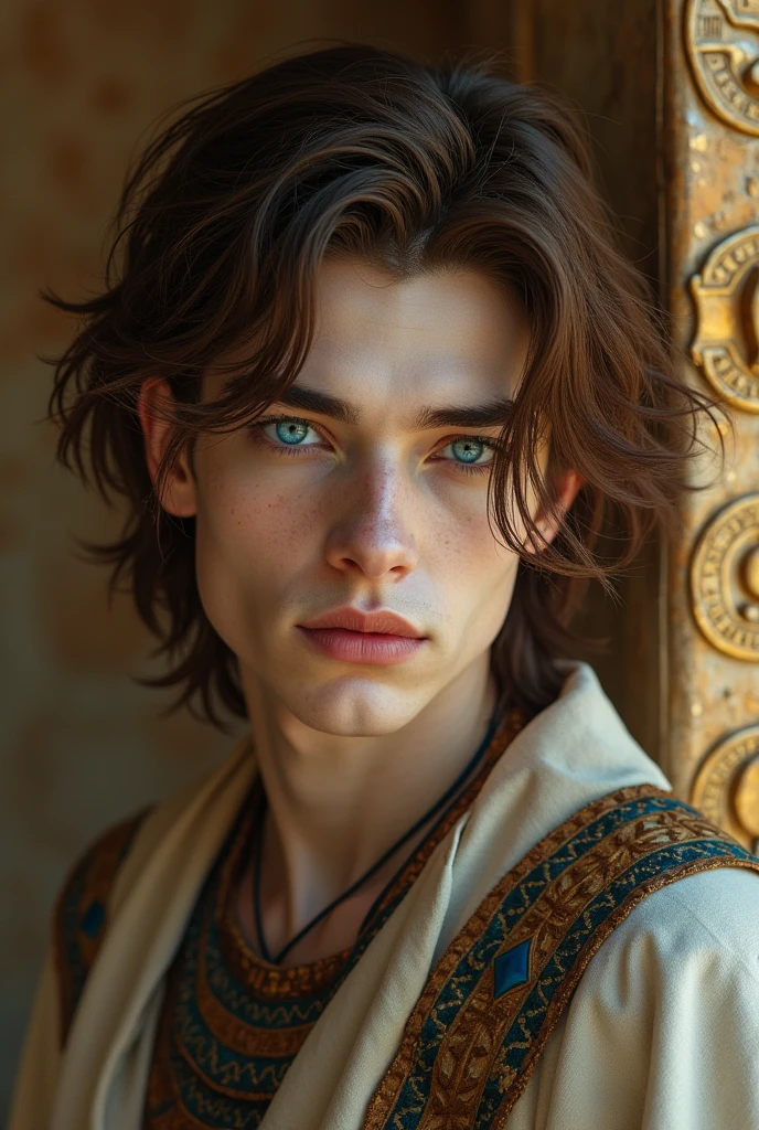 Egyptian man blue eyes, brown hair and white skin