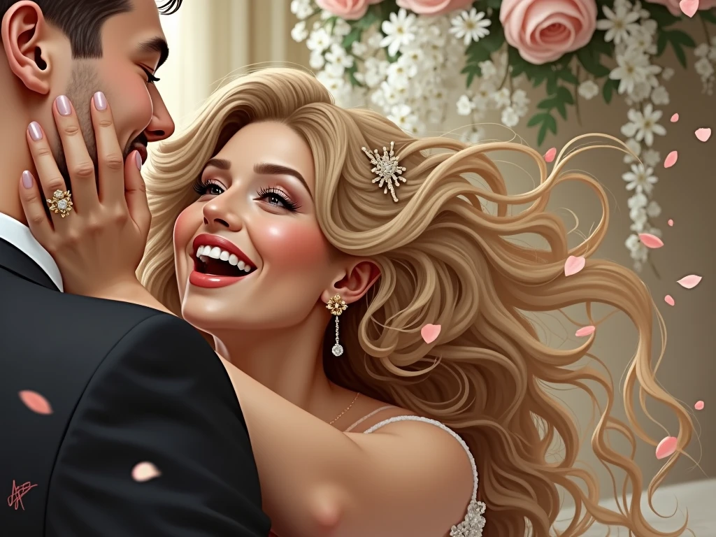 It&#39;s a beautiful and passionate couple who are going to get married., they are very happy together, make the woman&#39;s hair blonde and her breasts full and large, both with gold rings. are getting married.