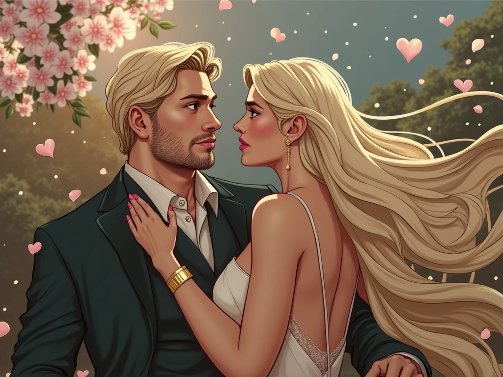 It's a beautiful and passionate couple who are going to get married., they are very happy together, make the woman's hair blonde and her breasts full and large, both with gold rings. are getting married.