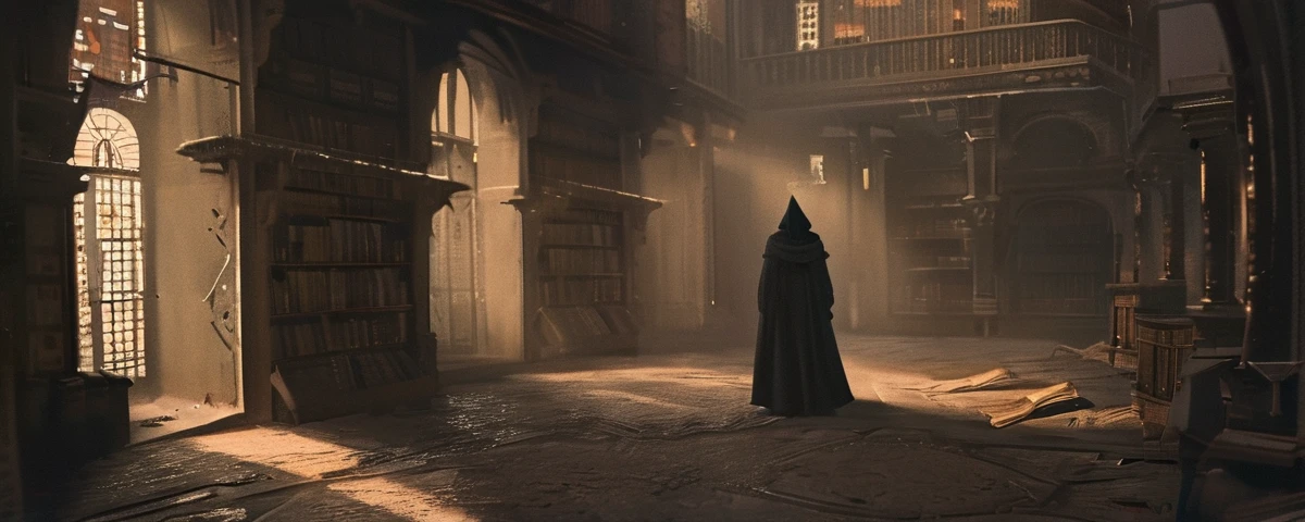 medieval library, cyberpunk scenario, diffused lights, post apocalyptic, Sober colors, pulling in sepia tone, eyeshadows, a man wearing a black habit with the hood over his head