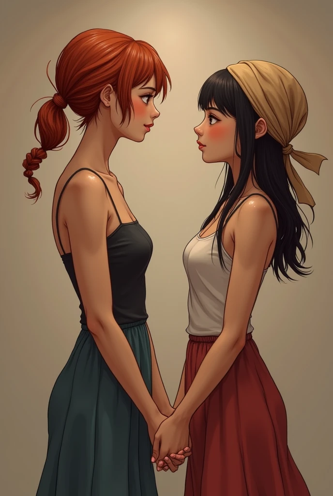 A red hair mature asian women age 3 with big breast wearing singlet Holding hands with taller Girl that are taller then her in 20 with black hair girl wearing scarft on her head