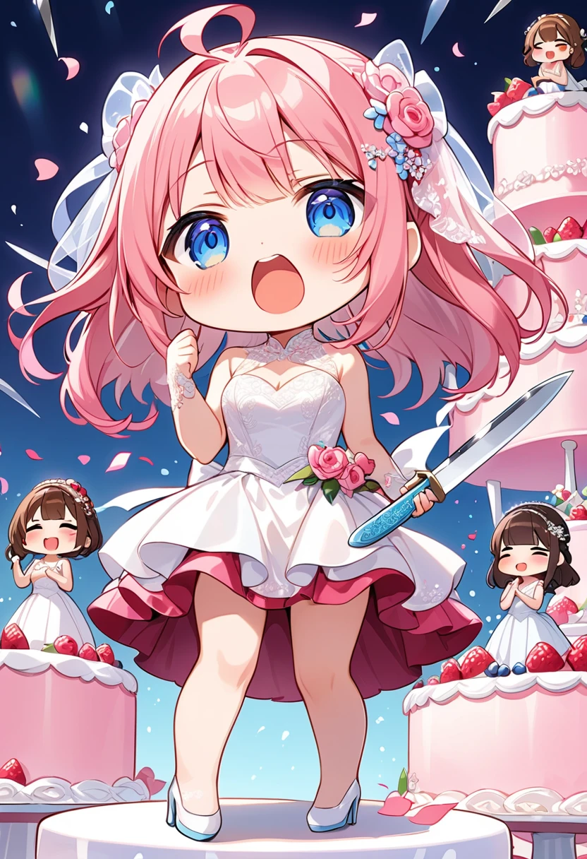 Highest quality、High resolution、Detailed Background、Beautiful face in every detail、Anatomically correct、Detailed facial expressions、fine grain、((full body, from below, looking away:1.2)), break ((One person:1.5)、((Chibi Girl:1.5)))、Bright pretty hair color、Big beautiful blue eyes、Fuller lips、Pink Lips、Braided twintails、Ahoge、break ((Standing in front of a wedding cake cut in half:1.5、Hold a super long knife on top:1.5))、break (Pretty satin sleeveless wedding dress、Cute High Heels、Cute hair accessories)、break ((A slightly drunk look:1.5、Shouting loudly))、break ((The background is a wedding reception))