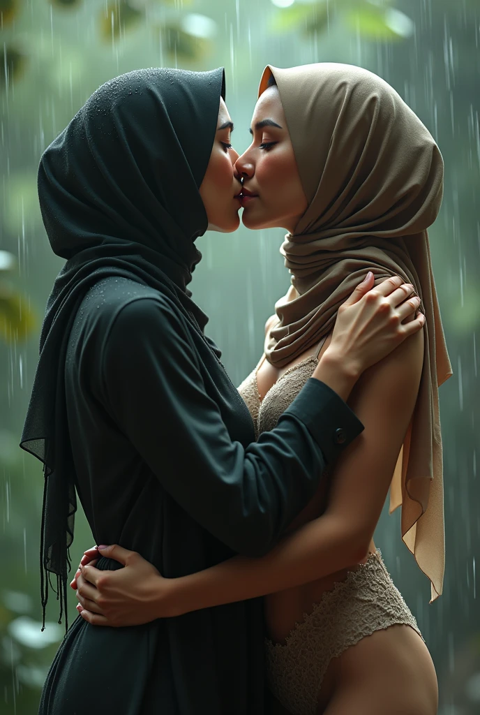 beautiful hijab indonesian lesbian girl laying down,bra and panties,hugging,french kiss,breast grope,view from far,,raining,look to the viewer