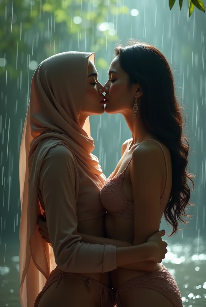 beautiful hijab indonesian lesbian girl laying down,bra and panties,hugging,french kiss,breast grope,view from far,,raining,look to the viewer