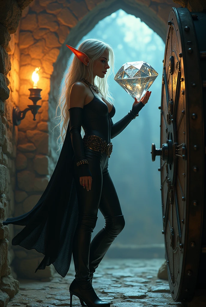 a fantasy epic illustration  of an elf thief holding a large diamond in a vault, a female elf thief, full body, small pointy ears, dynamic hair color, dynamic hair style, pale skin, ultra detailed face, wearing black leather leotard, black leather pants, busty, small cleavage, high heel boots, she is happy for reaching her goal, success, holding a large sized (diamond: 1.3), brilliant diamond, many facets, many colors diamond, fantasy safe vault background, torchlight, vibrant, Ultra-high resolution, High Contrast, (masterpiece:1.5), highest quality, Best aesthetics), best details, best quality, highres, 16k, [ultra detailed], masterpiece, best quality, (extremely detailed) RAW, (ultra details, Masterpiece, best quality), diamondWM, Cinematic Shot