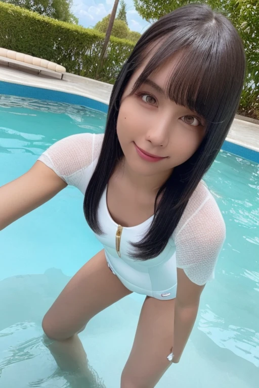 1girl, beautiful woman, White onepiece swimsuit, skinny, perfect body, defined abs, gold hair, standing in daytime pool room,  ultra-detailed face, beautiful eyes, beautiful lips, double eyelids, shy smile, trimmed bangs, sun-kissed skin, hint of pubic hair, (best quality, 8k, masterpiece:1.3), frontal and full-body shot, pussy line, front facing, open legs pubic hair