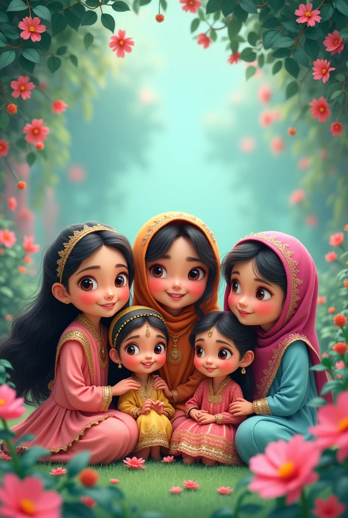 5 cute south Asian animated girls 2 with hijab 2 with dupatta and 1 with open hairs