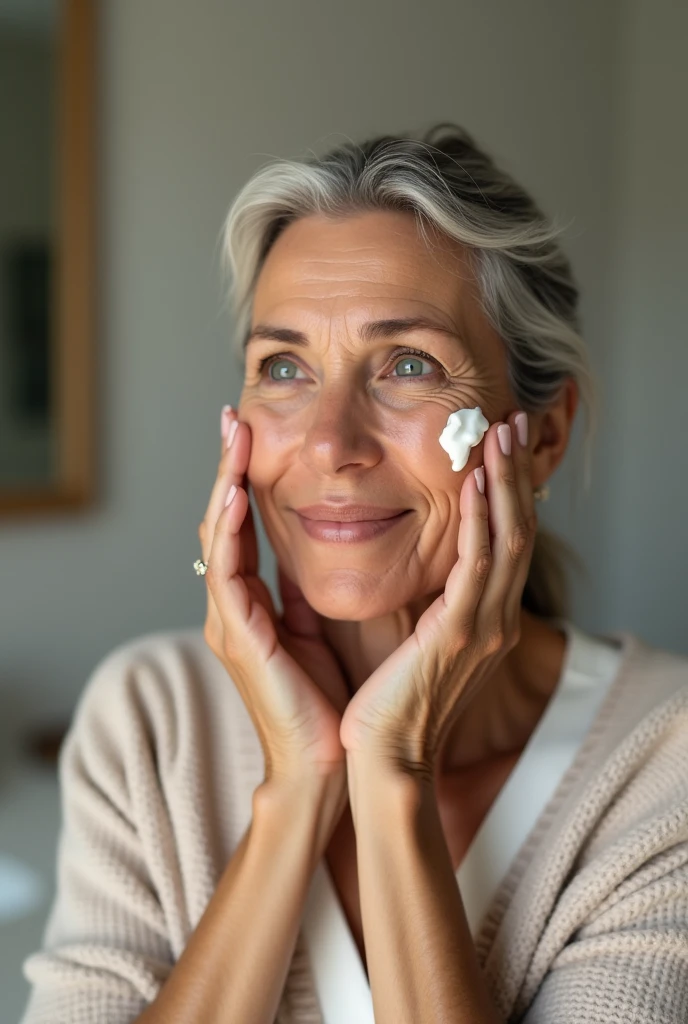 Photo of an woman age 40+ using face cream.