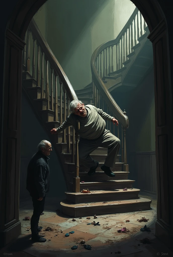 An image of an elderly man falling hard down the stairs due to a stroke, leaving him paralyzed.