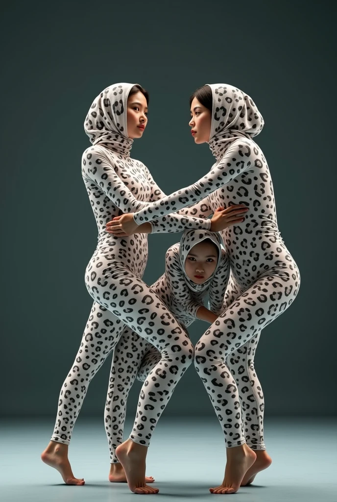 the 3 beautiful and thest Chinese adult girl with beautiful cheeks wears white leopard print lycra footed turtleneck unitard catsuit covered with leopard patterns.She always wear white leopard print lycra elastane stretchy dancewear hijab-like zentai hood.She is take part for contortion.She is my beautiful contortionist in the world.