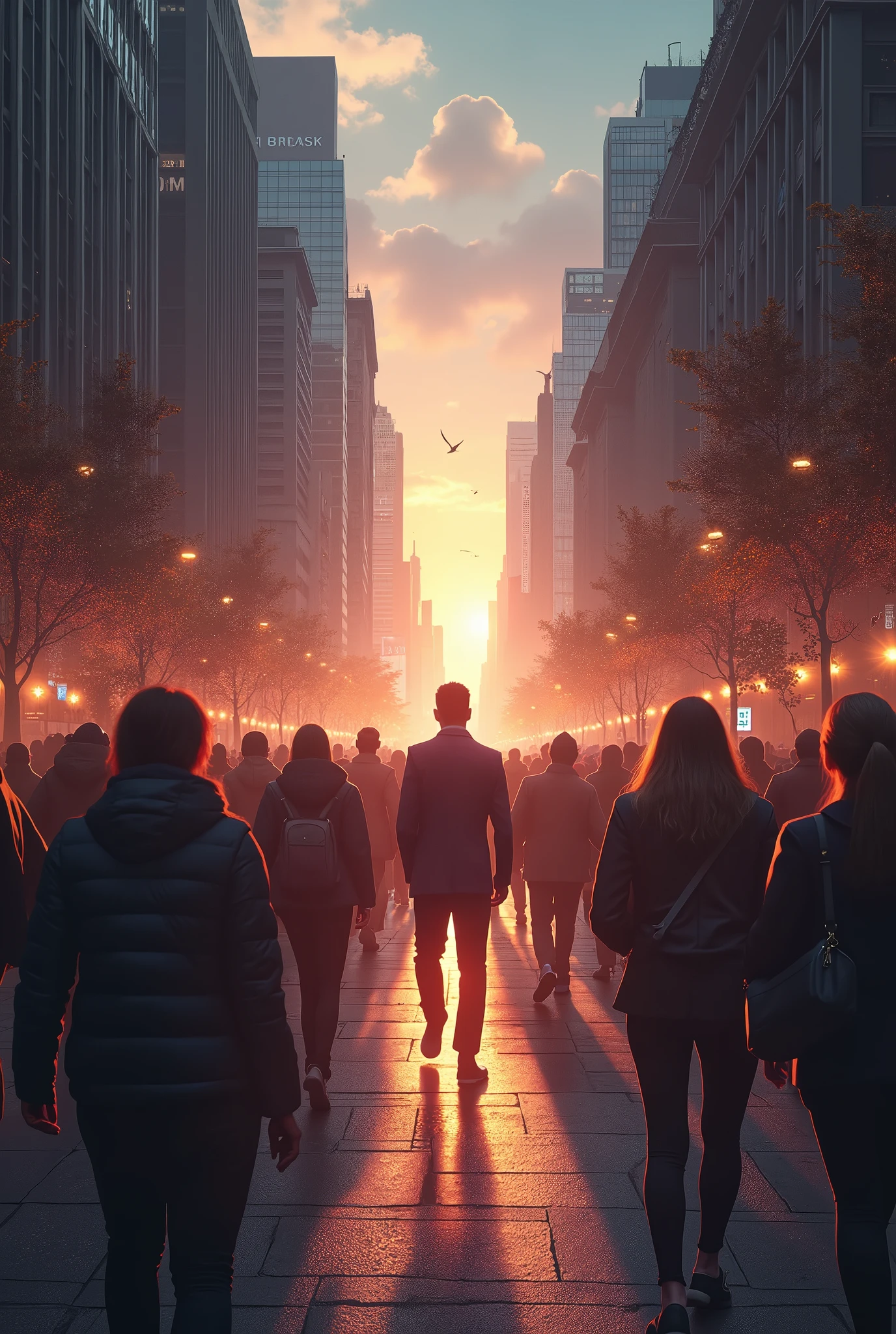 Crowd of people walking on the street at night at sunset and a man in the middle with a glow 