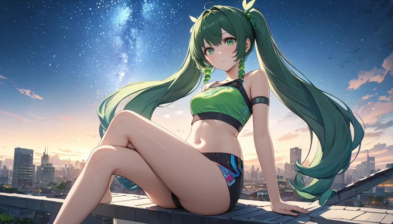 masterpiece，high resolution，Anime Art，Anime Numbers， 4k anime wallpaper，Soft Light，Radiant Skin，Looking at the camera，Solitary，1 anime girl，Sitting sideways on the roof of the house，Green twin ponytails，Green beads in hair，Straight chest，Belly button，(Green eyes: 1.3)，leg，Modern City，Starry Sky