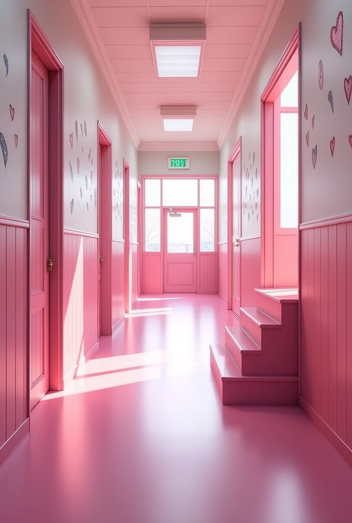 (photorealism:1.2)
Inside a pink and white classic school hallway second floor of a pink classic school, Along the hallway there are some classic school pink open doors of the different classes rooms.
At the right hand side of the hallway there's a pink school stairway that
open door that leads to the school first floor, there are many drawings of 💋 can be seen on the walls,
View: Over the shoulder perspective photo,
high resolution, masterpiece, best quality, intricate details, highly detailed, Hiperrealistic