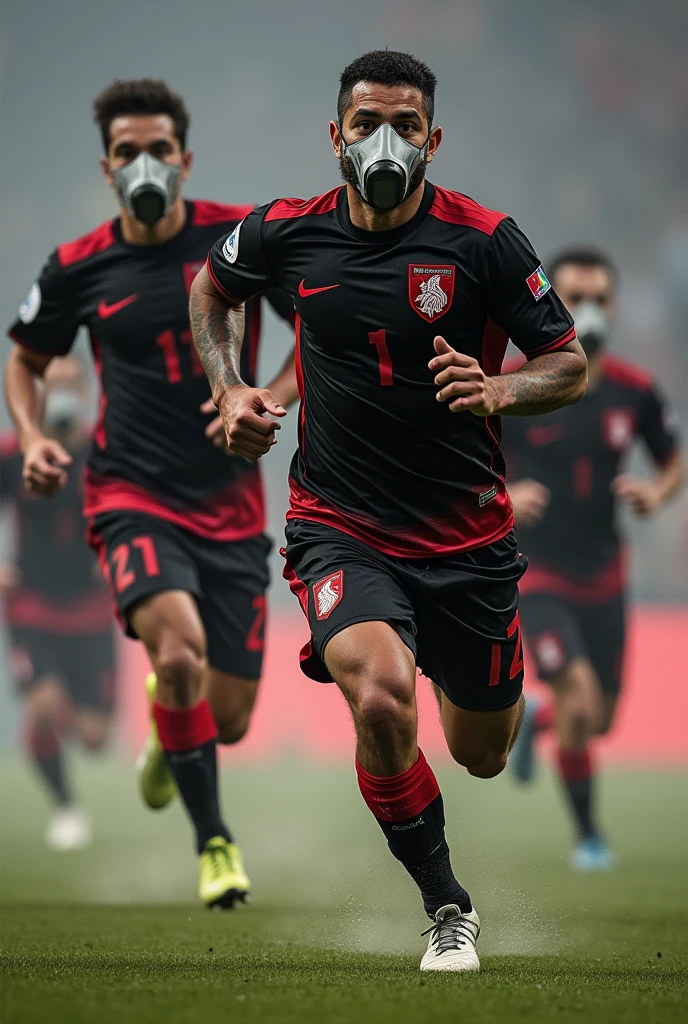 Flamengo football players in black and red shirts running using oxygen cylinder mask to breathe better Gabigol, Gerson and Arrascaeta, peter