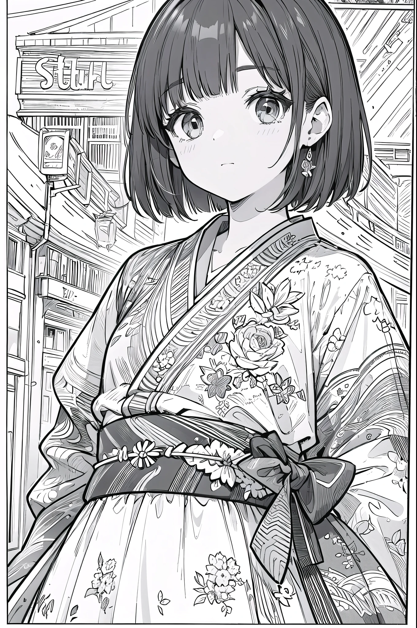 As a coloring book, white and black color, borders should be simple, clear, distinct, and thick lines, By Cartoon picture book of a beautiful Asian girl with short brown hair, (Highest quality, 16K, masterpiece: 1.3)), 1 person, Sharp focus: 1.2, Beautiful woman with perfect figure: 1.4, Slim Abs: 1.2, (((Short Bob Hair)), ((small: 1.4)), ((Beautiful Face Idol: 1.3)), (Transparent fabric kimono 1.5)), Highly detailed face and skin texture, Detailed eyes, double eyelid, (((stop temporarily)), (Fascinating)), walk, Paris cityscape, Low - Angle, Shooting from below