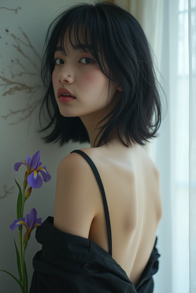 editorial photography,Super detailed background,Surreal,double exposure,Depth of Field,beauty super slender Skinny Korean vibes,soft focus black,narrative scene,Skinny,Super short straight black hairstyle,knee portrait,Lilac eyes,Iris flower,pupil,Lean on stylish room scandinavian wallpaper,wabi-sabi,latex cat suit,mole,open lips,from behind,