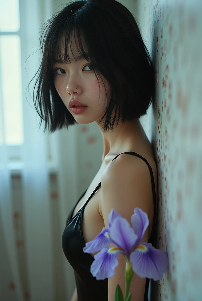 editorial photography,Super detailed background,Surreal,double exposure,Depth of Field,beauty super slender Skinny Korean vibes,soft focus black,narrative scene,Skinny,Super short straight black hairstyle,knee portrait,Lilac eyes,Iris flower,pupil,Lean on stylish room scandinavian wallpaper,wabi-sabi,latex cat suit,mole,open lips,from behind,