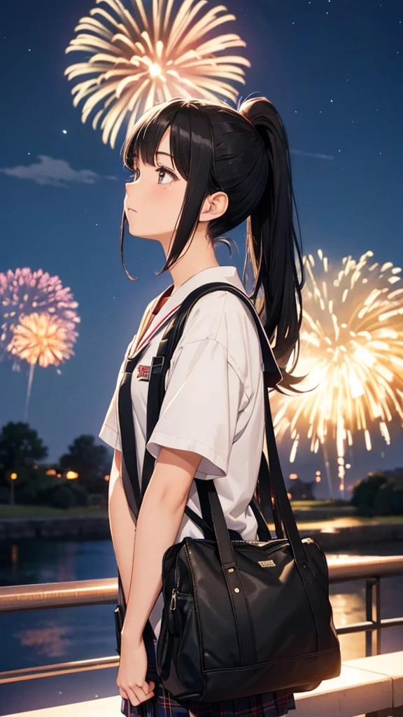 High school students looking up at the fireworks Black Hair countryside
One person, anime whole body School Bags ponytail