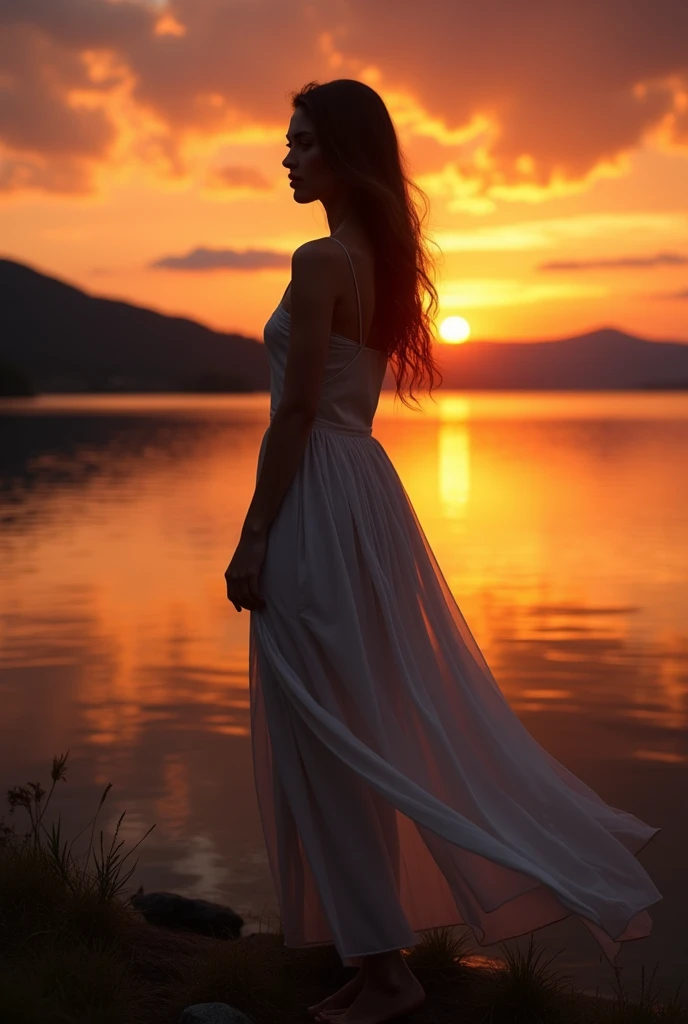 detailed portrait of a lady standing in front of a beautiful sunset over a serene lake,(realistic,photorealistic,photo-realistic:1.37),ultra-detailed,(best quality,4k,8k,highres,masterpiece:1.2),dramatic lighting,golden hour,vivid colors,intricate details,cinematic composition,chiaroscuro,soft focus,elegant dress,flowing hair,pensive expression