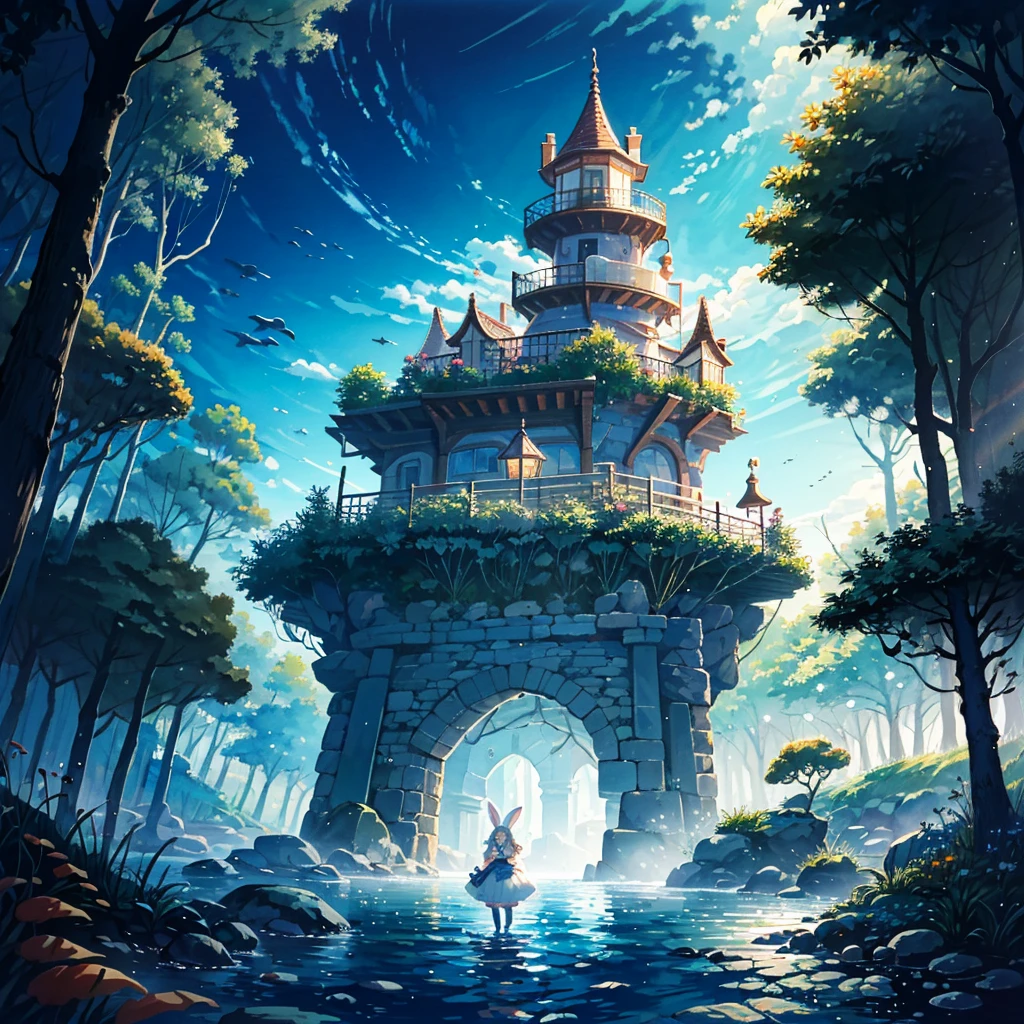 A fantasy world, whose eyes shine like searchlights in the darkness of the night, a village that uses giant rabbits, blonde hair, giant rabbits that help people in their daily lives, healing, transportation, and entertainment, Alice in Wonderland costume A woman wearing a shirt, bare shoulders, side breasts, upper body close-up, deep sea mist, sea cat tree, underwater cat shadow, light and darkness, flying carrot cat, artistic and memorable masterpiece, Moment of History, (Fantastic and Fascinating Landscape) Watercolor: 1.3, Delicate, Detailed, Masterpiece, (Sea Rabbit: 1.3), Complex Line Drawing