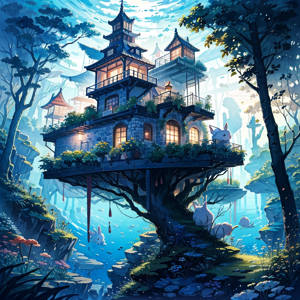 A fantasy world, whose eyes shine like searchlights in the darkness of the night, a village that uses giant rabbits, blonde hair, giant rabbits that help people in their daily lives, healing, transportation, and entertainment, Alice in Wonderland costume A woman wearing a shirt, bare shoulders, side breasts, upper body close-up, deep sea mist, sea cat tree, underwater cat shadow, light and darkness, flying carrot cat, artistic and memorable masterpiece, Moment of History, (Fantastic and Fascinating Landscape) Watercolor: 1.3, Delicate, Detailed, Masterpiece, (Sea Rabbit: 1.3), Complex Line Drawing