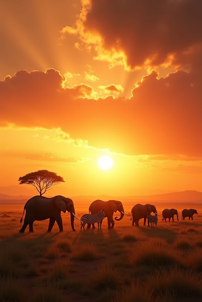 A vast African plain at dawn, with the sun beginning to rise on the horizon, dyeing the sky shades of orange and red. wild animals, like elephants and zebras, cross the landscape."