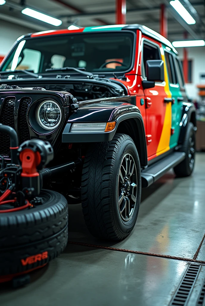 Photo of a vehicle undergoing maintenance with the caption highlighted in black, red and teal and yellow