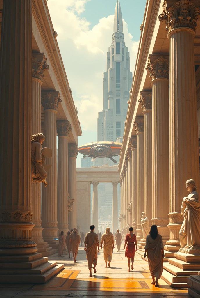 Ancient greek filled with high tech flying cars and hight tech mechinary