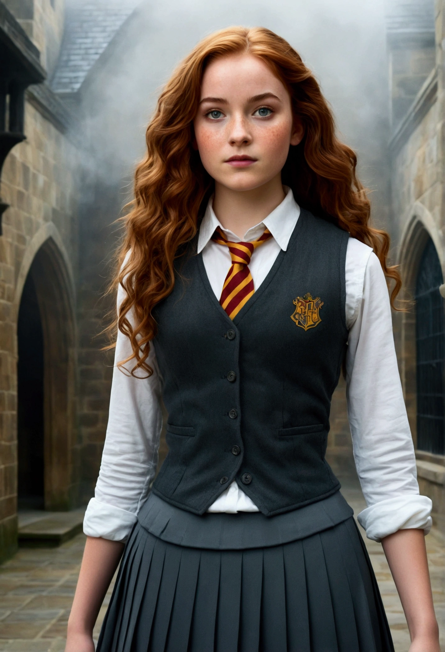 An illustrated movie poster, hand-drawn, full color, a teenage Hogwarts student, 18-years-old, female, wearing a charcoal vest and a pleated skirt, athletic hourglass figure, full wide hips, massive round butt, long shapely legs, ridiculously thick powerful thighs, vibrant eyes, deep dark auburn hair, voluminous curly mane, flushed sun-kissed complexion, freckles, resembles Genevieve O'Reilly, standing in a foggy Hogwarts courtyard, surrounded by mist, graphite shading, stencil marks, airbrushed acrylic paint, masterpiece, close-up shot, in the style of the Deathly Hallows