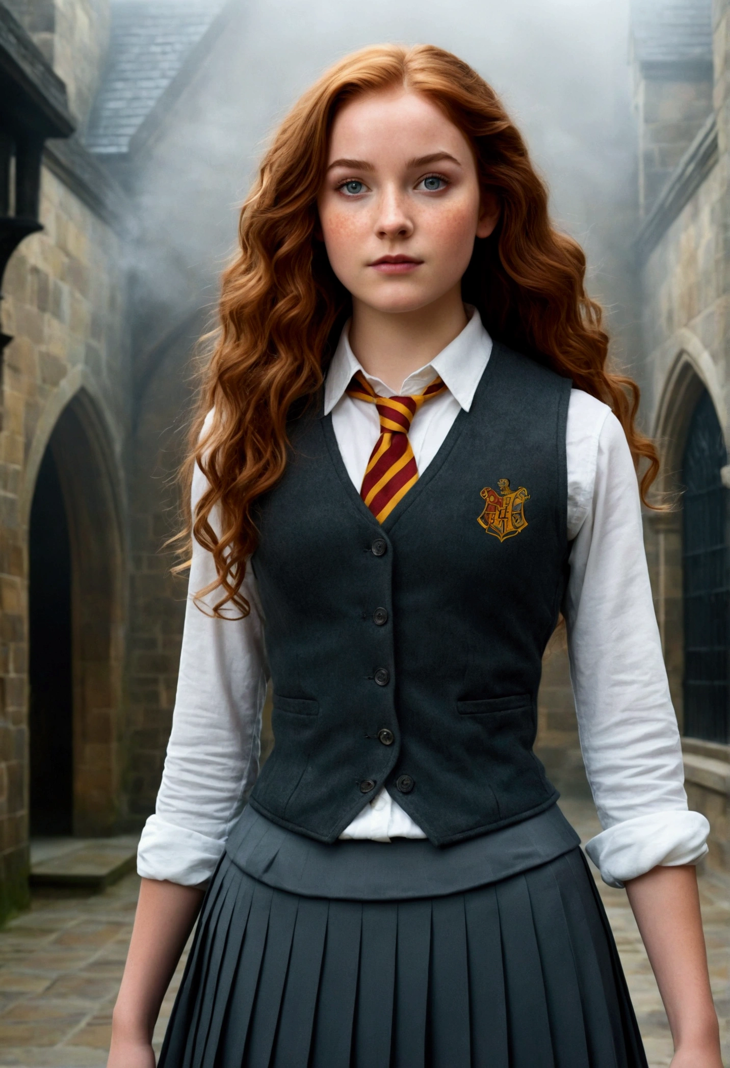 An illustrated movie poster, hand-drawn, full color, a teenage Hogwarts student, 18-years-old, female, wearing a charcoal vest and a pleated skirt, athletic hourglass figure, full wide hips, massive round butt, long shapely legs, ridiculously thick powerful thighs, vibrant eyes, deep dark auburn hair, voluminous curly mane, flushed sun-kissed complexion, freckles, resembles Genevieve O'Reilly, standing in a foggy Hogwarts courtyard, surrounded by mist, graphite shading, stencil marks, airbrushed acrylic paint, masterpiece, close-up shot, in the style of the Deathly Hallows