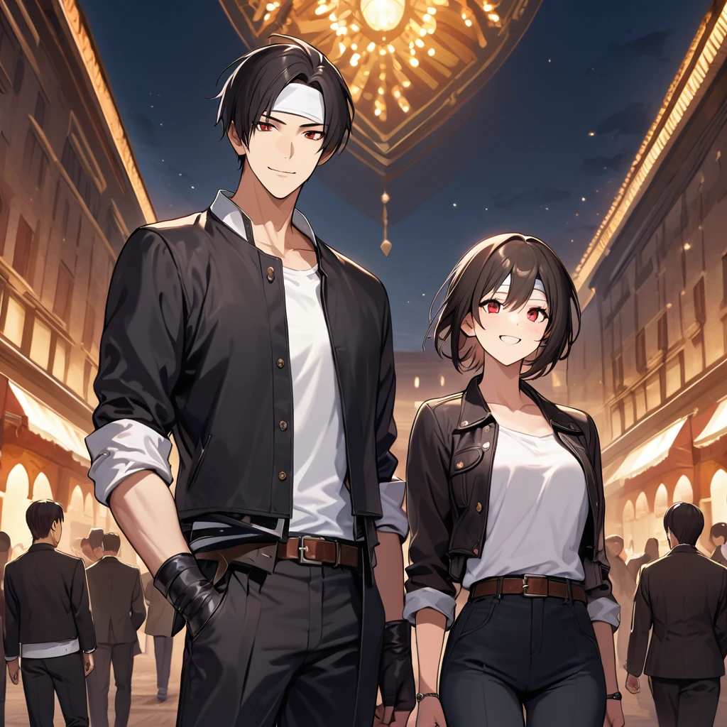 Orochikyo, dark skin, two people, two shots, red eyes, black jacket (arms rolled up), fingerless gloves, black hair, white t-shirt, ((headband)), black pants, white shoes, brown belt, handsome, shot, charming, masterpiece, high resolution, fine face, fine grain, night, happy smile man and woman, French pantheon in background, laughing man and woman, men and women with same hair and clothes, hand on head