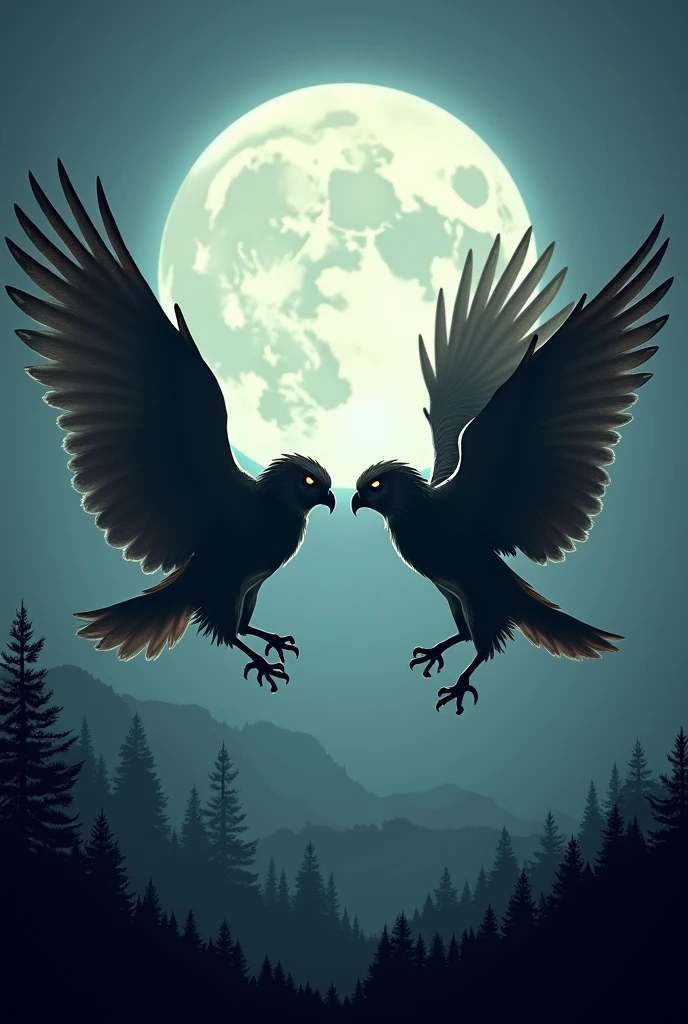 Owls with a fighting expression under the moon