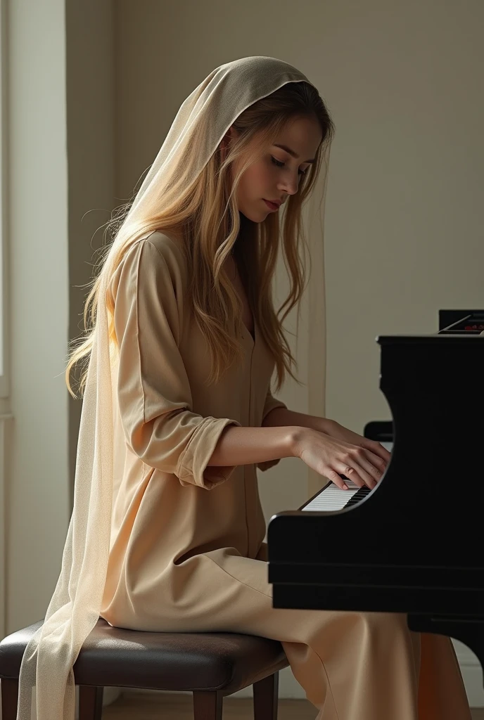 A 35 year old blonde woman sitting on a stool playing the piano with a veil on her head, brown long hair