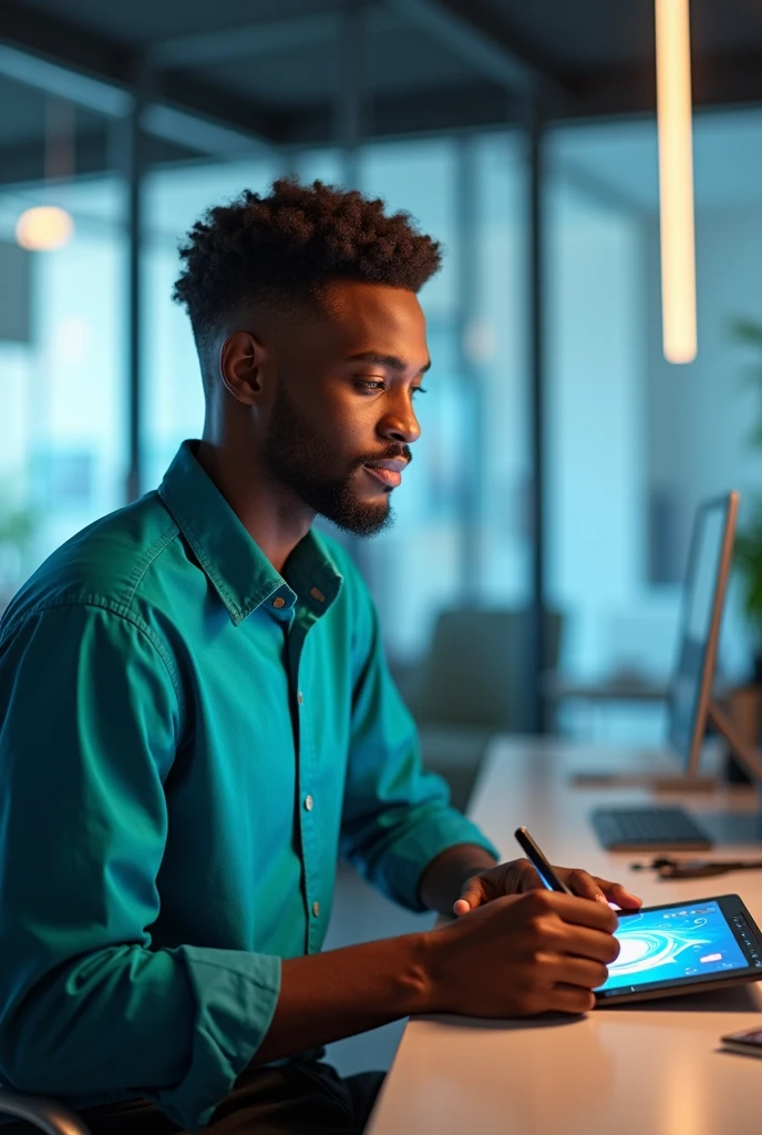 Draw a young African man dressed in blue and green using a graphics tablet in a glass office.