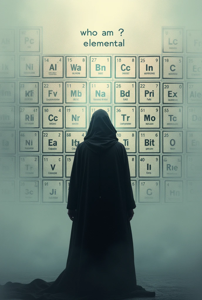 create an image that says "Who am I?? elemental" with images of chemical element boxes from the periodic table in the background