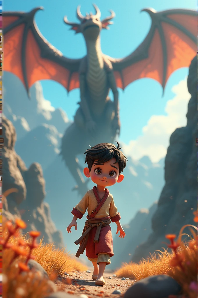 Create me an animated picture with a human where a dragon is in the background with the name Majid on the top