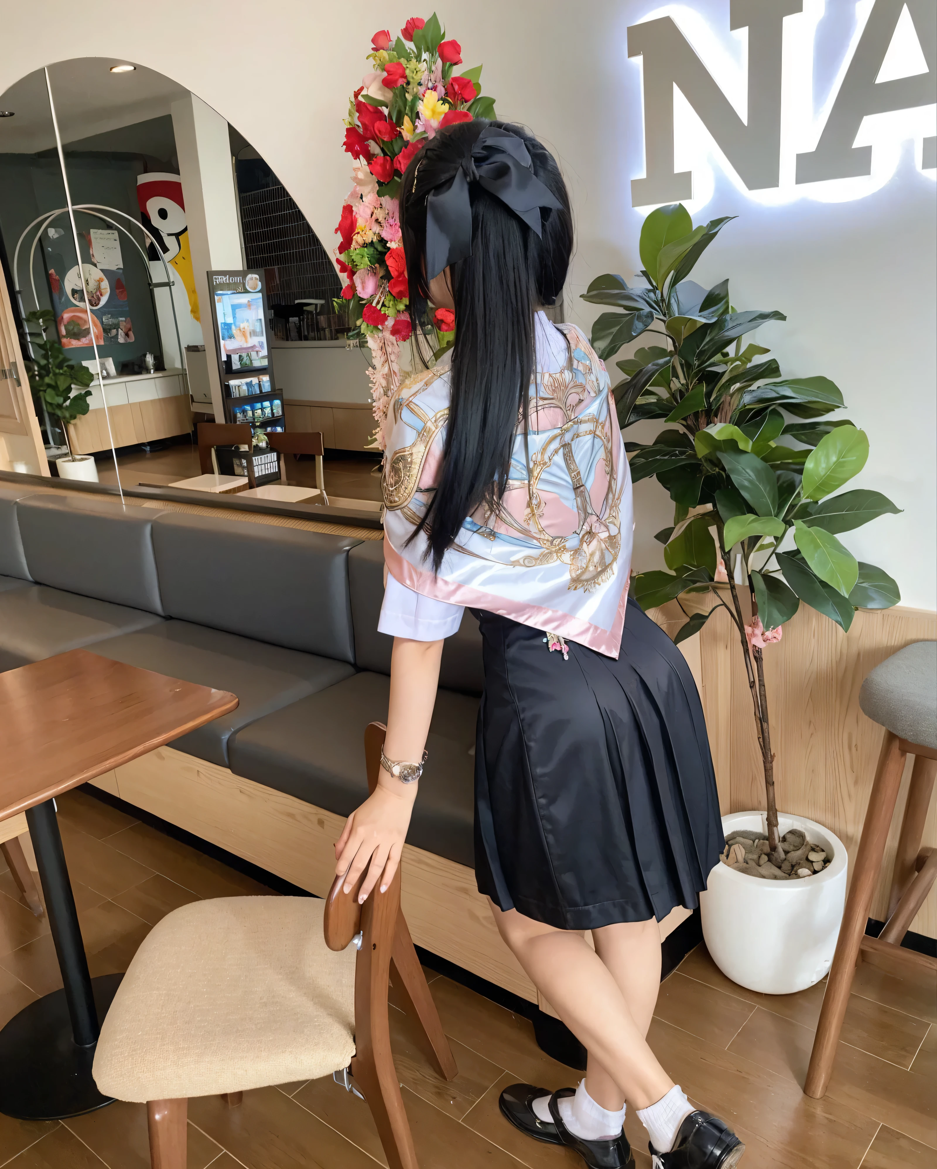 best quality, 8k, highly detailed face and skin texture, big booty long hair asian girl in blue short latex dress at balcony with sea view, looking at viewer, back view, sharp focus