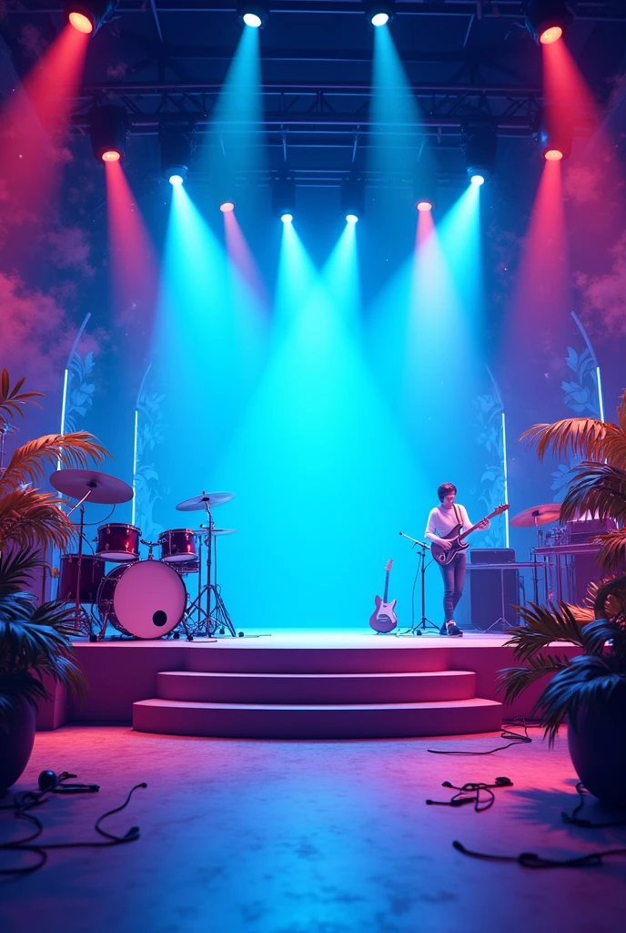 Musical profile background animated style in vivid blue color, red and purple. With musical instruments and a stage, without people
