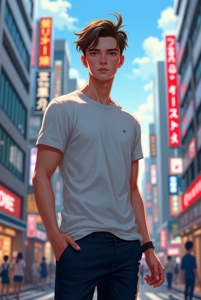 guy, young, age 25, height 170 cm, wearing black pants and white maika, build, brown hair, on the street, tokyo city.