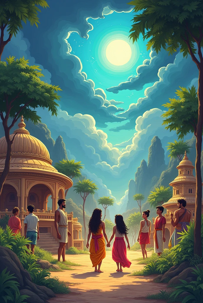 Sita's exile in Valmiki's hermitage, the birth and training of her sons, Kusha and Lava, their performance of the Ramayana before Rama, Sita's ordeal to prove her purity, and her eventual disappearance into the earth, followed by Rama's renunciation of his mortal body and their reunion in the afterlife, culminated in the completion of the Ramayana epic. Make it cartoon but adult