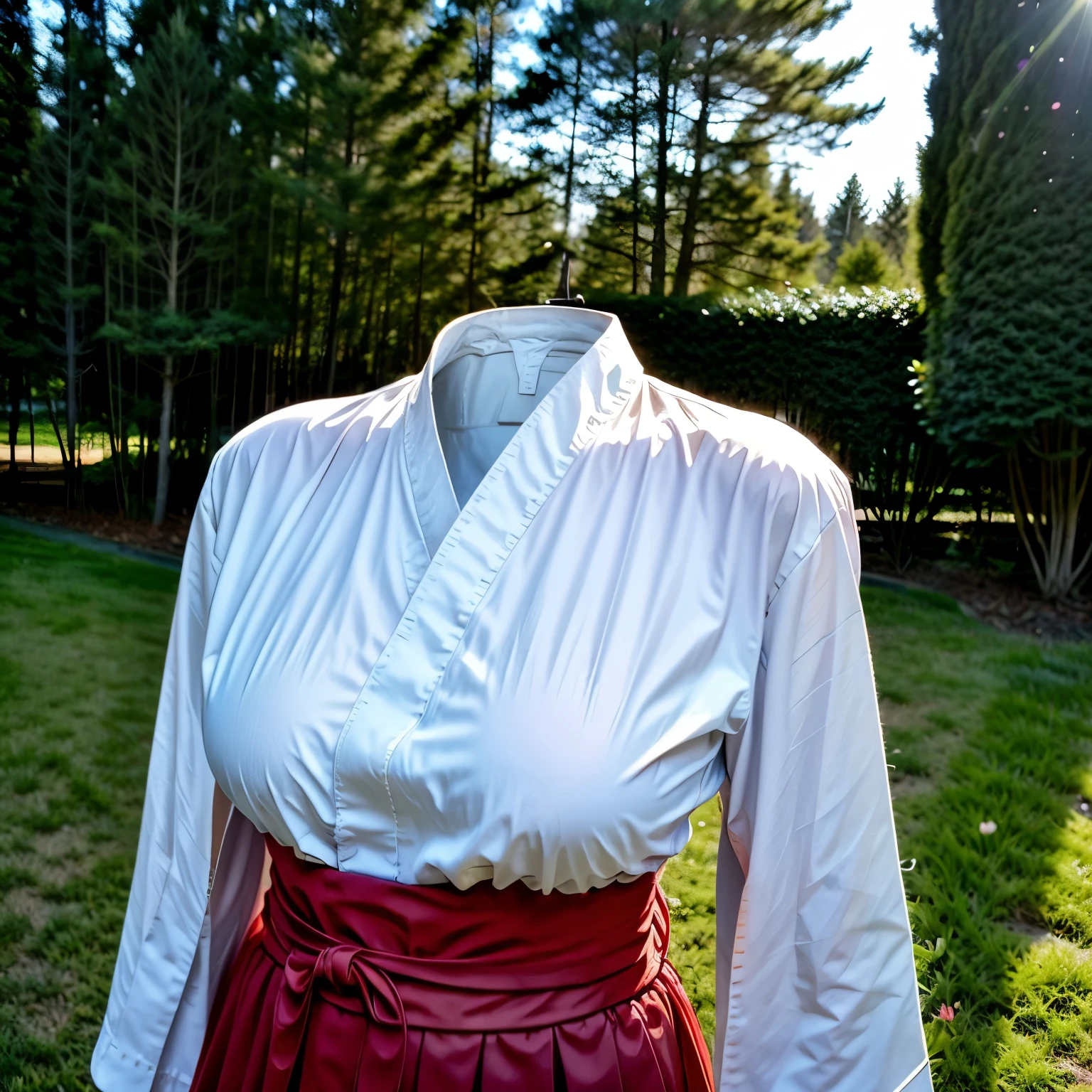 (invisible:1.5, no humans:1.5, headless:1.5, faceless:1.5), (cute big breasts), miko clothes, long sleeves, detached sleeves, side breasts, long hakama, hakama skirt, (8k, RAW photo, best quality, masterpiece:1.2), (realistic, photo-realistic:1.37), photon mapping, radiosity, ((Hasselblad photography)), physically-based rendering