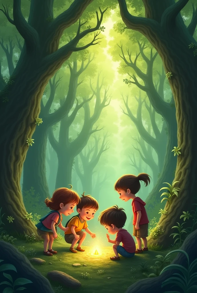 One day, the children were playing in the forest.  
Then, they found something sparkling.