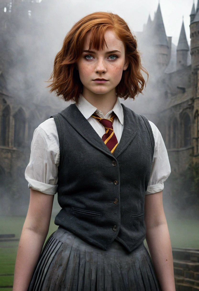 An illustrated movie poster, hand-drawn, full color, a teenage Hogwarts student, 18-years-old, female, wearing a charcoal vest and a pleated skirt, athletic hourglass figure, full wide hips, massive round butt, long shapely legs, ridiculously thick powerful thighs, vibrant eyes, deep dark auburn hair, punk pixie mullet, flushed sun-kissed complexion, freckles, resembles Genevieve O'Reilly, standing in a foggy Hogwarts courtyard, surrounded by mist, graphite shading, stencil marks, airbrushed acrylic paint, masterpiece, close-up shot, in the style of the Deathly Hallows 