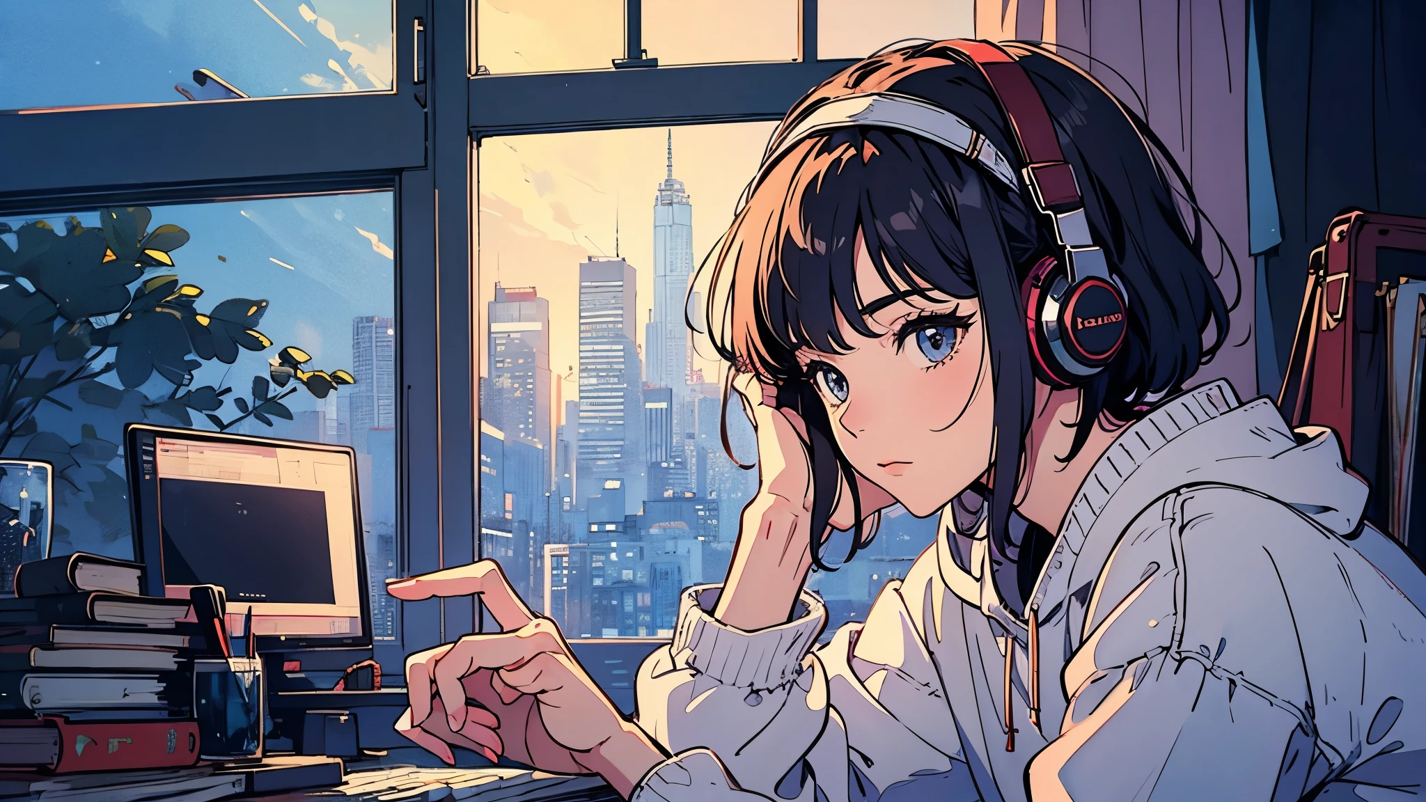 A detailed anime girl, wearing a large sweater, wearing headband headphones, lofi, tranquil, quiet vibes, chilling, in her bedroom looking at the window, dark night, masterpiece, best quality, study