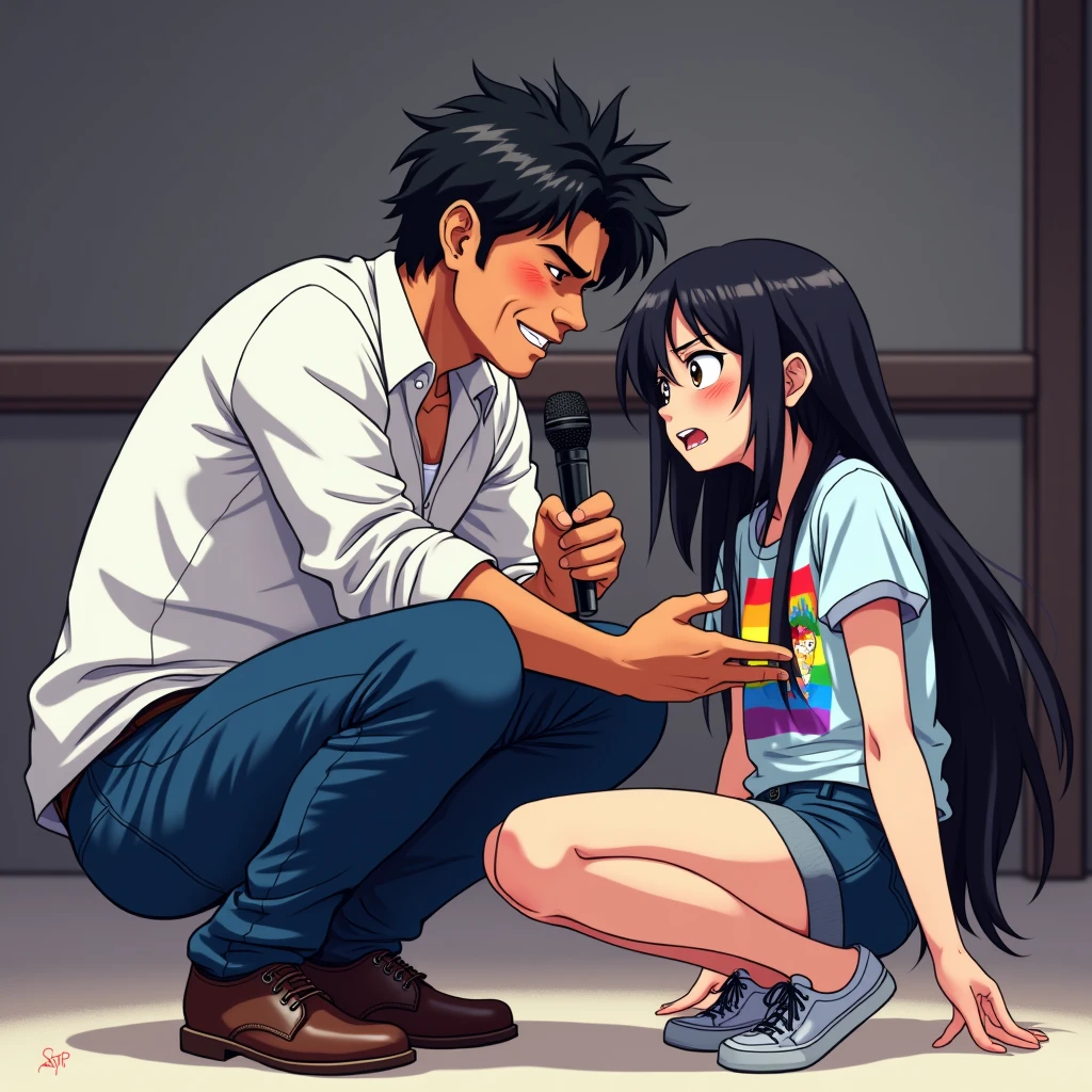 anime art, marvel art, a LATIN 46-years old male wearing white button up shirt and tight blue pants, he’s squatting down with a journalist mic in hands, big bulge, sweaty, slight smile. He’s squatting down behind a sad female wearing lgbt shirt, dhe’s scared and sad. He’s behind her, squatting behind her. He’s slightly happy behind her hugging her