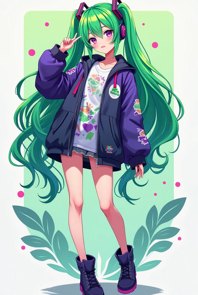 Create the same anime girl with the green and purple logo full body