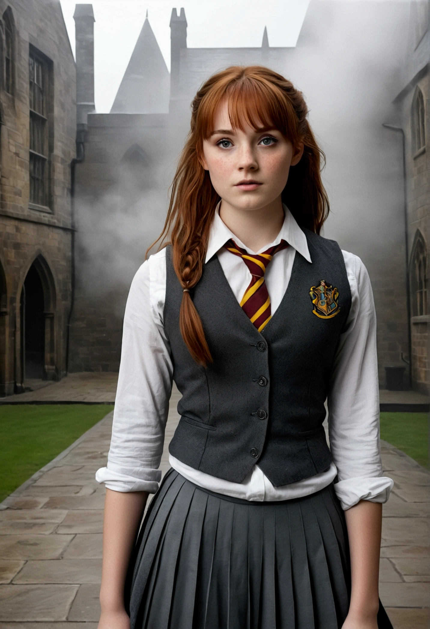 An illustrated movie poster, hand-drawn, full color, a teenage Hogwarts student, 18-years-old, female, wearing a charcoal vest and a pleated skirt, athletic hourglass figure, full wide hips, massive round butt, long shapely legs, ridiculously thick powerful thighs, vibrant eyes, deep dark auburn hair, punk pixie mullet, flushed sun-kissed complexion, freckles, resembles Genevieve O'Reilly, standing in a foggy Hogwarts courtyard, surrounded by mist, graphite shading, stencil marks, airbrushed acrylic paint, masterpiece, close-up shot, in the style of the Deathly Hallows