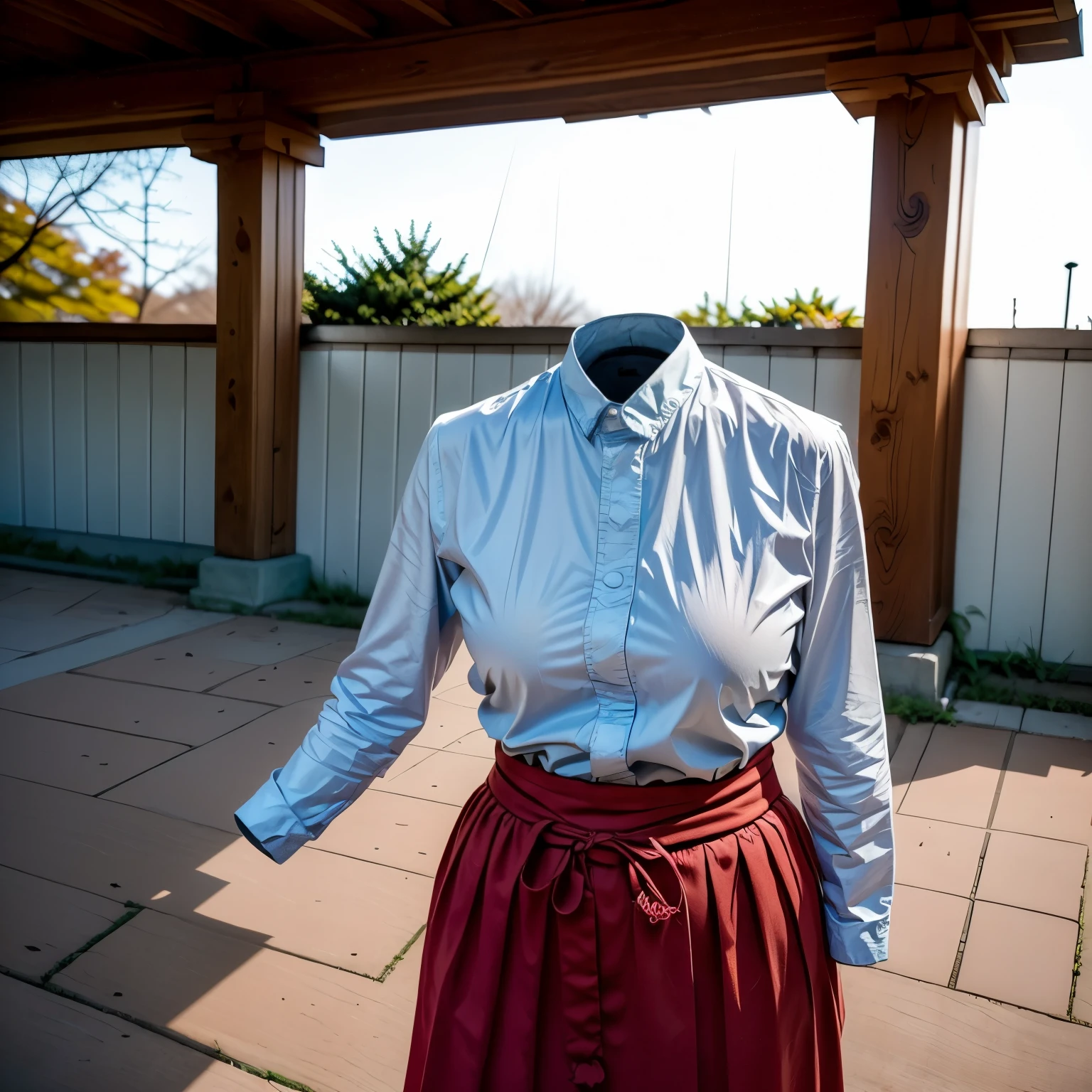 (invisible:1.5, no humans:1.5, headless:1.5, faceless:1.5), (cute big breasts), miko clothes, long sleeves, detached sleeves, side breasts, long hakama, hakama skirt, (8k, RAW photo, best quality, masterpiece:1.2), (realistic, photo-realistic:1.37), photon mapping, radiosity, ((Hasselblad photography)), physically-based rendering